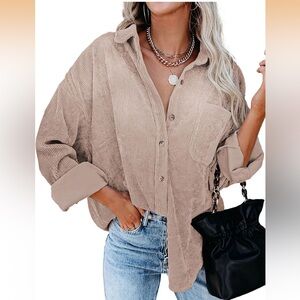 Casual Tan Corduroy Button-Up Shirt